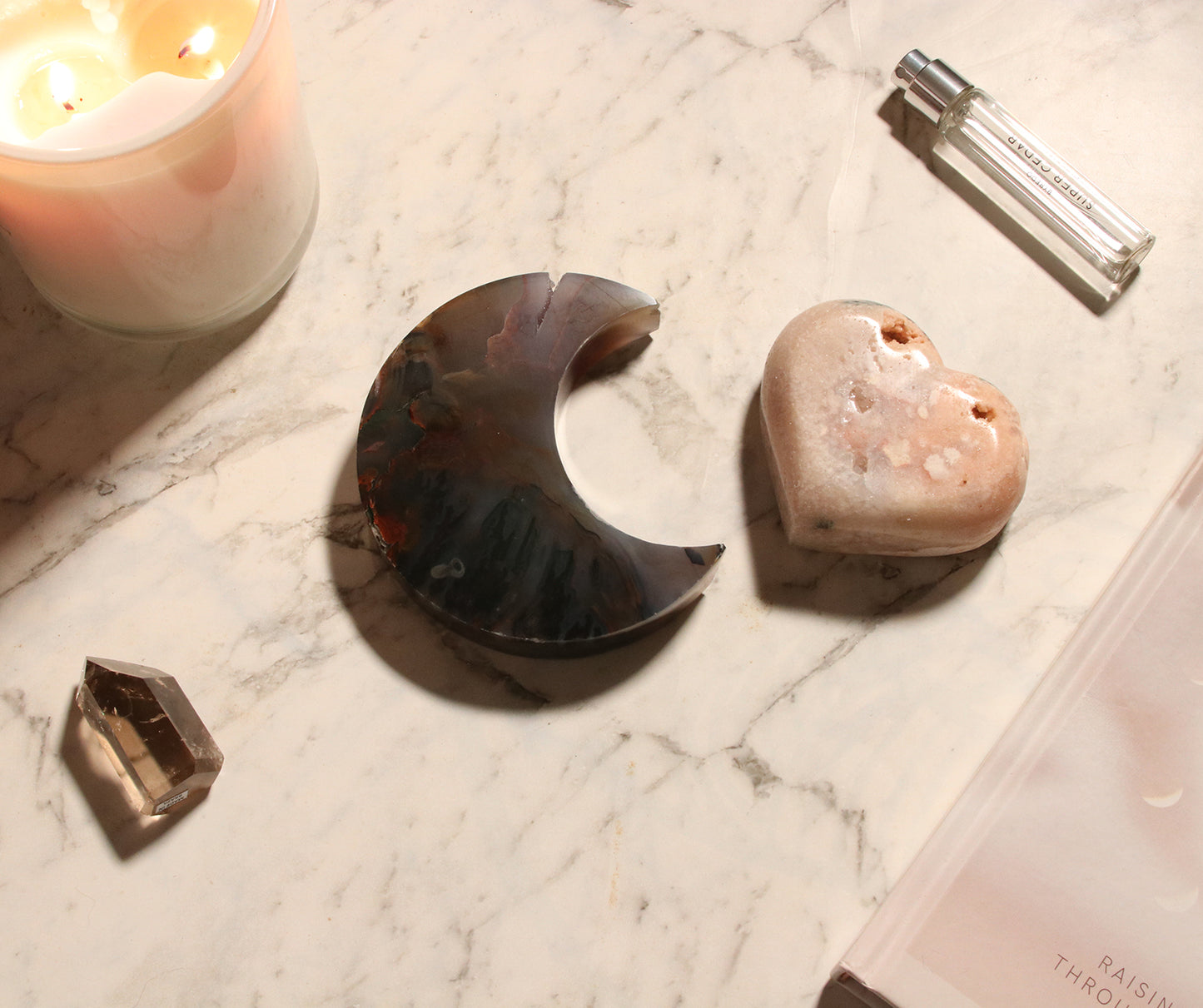 Agate Moon and Pink Amethyst Heart 13