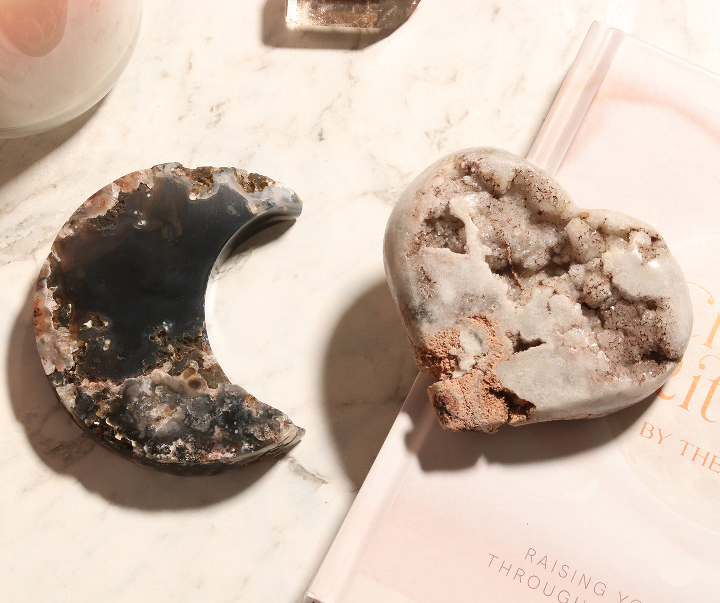 Agate Moon and Pink Amethyst Heart 14