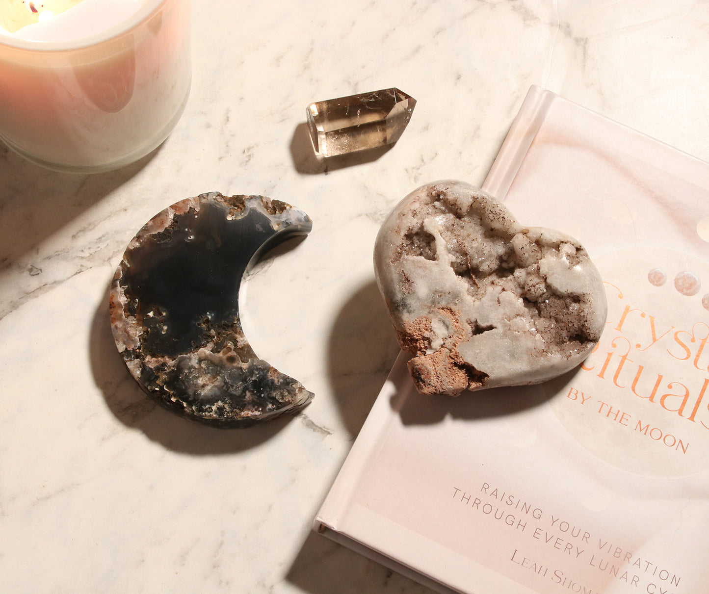 Agate Moon and Pink Amethyst Heart 14