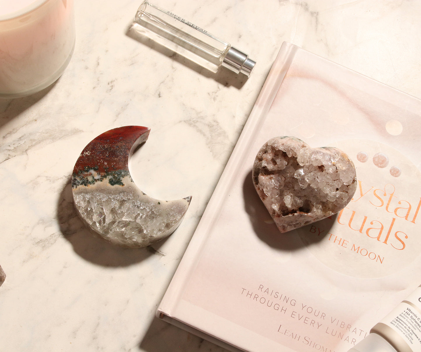 Agate Moon and Pink Amethyst Heart 16