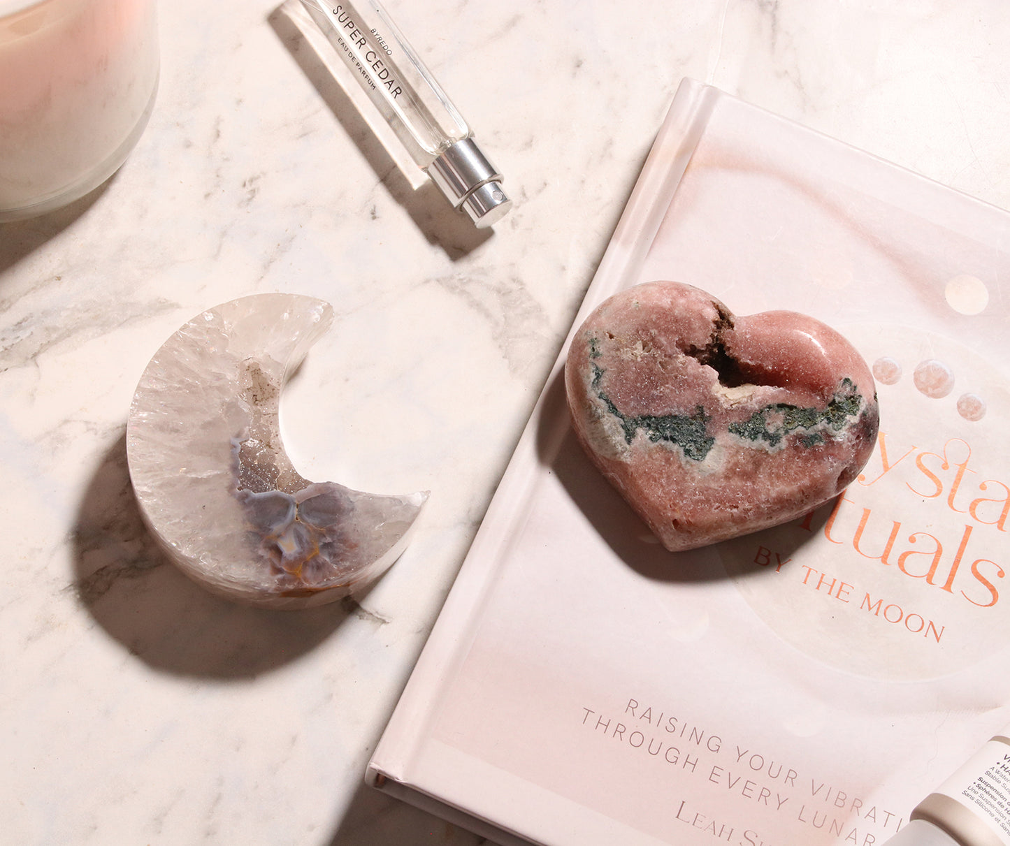 Agate Moon and Pink Amethyst Heart 17