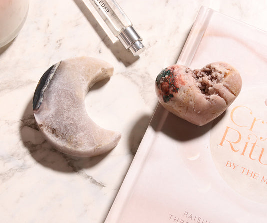 Agate Moon and Pink Amethyst Heart 18