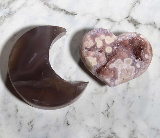 Agate Moon and Pink Amethyst Heart 08