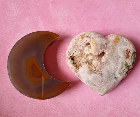 Agate Moon and Pink Amethyst Heart 28