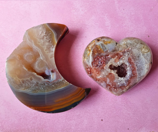 Agate Moon and Pink Amethyst Heart 31