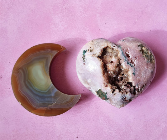 Agate Moon and Pink Amethyst Heart 32